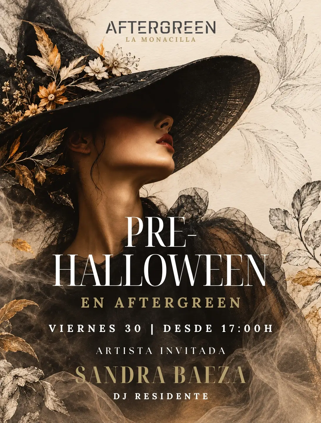 Cartel de la fiesta Pre-Halloween en Aftergreen con Sandra Baeza, terraza en La Monacilla (Huelva). Viernes 30, desde las 17:00h.