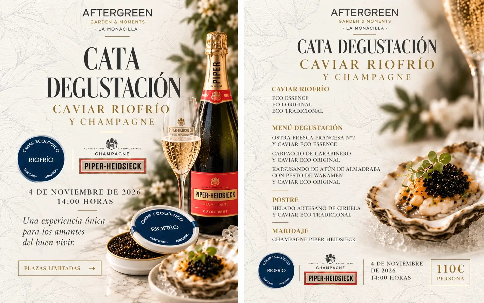Cartel de la Cata Degustación de Caviar Riofrío y Champagne Piper-Heidsieck en AFTERGREEN La Monacilla, Huelva